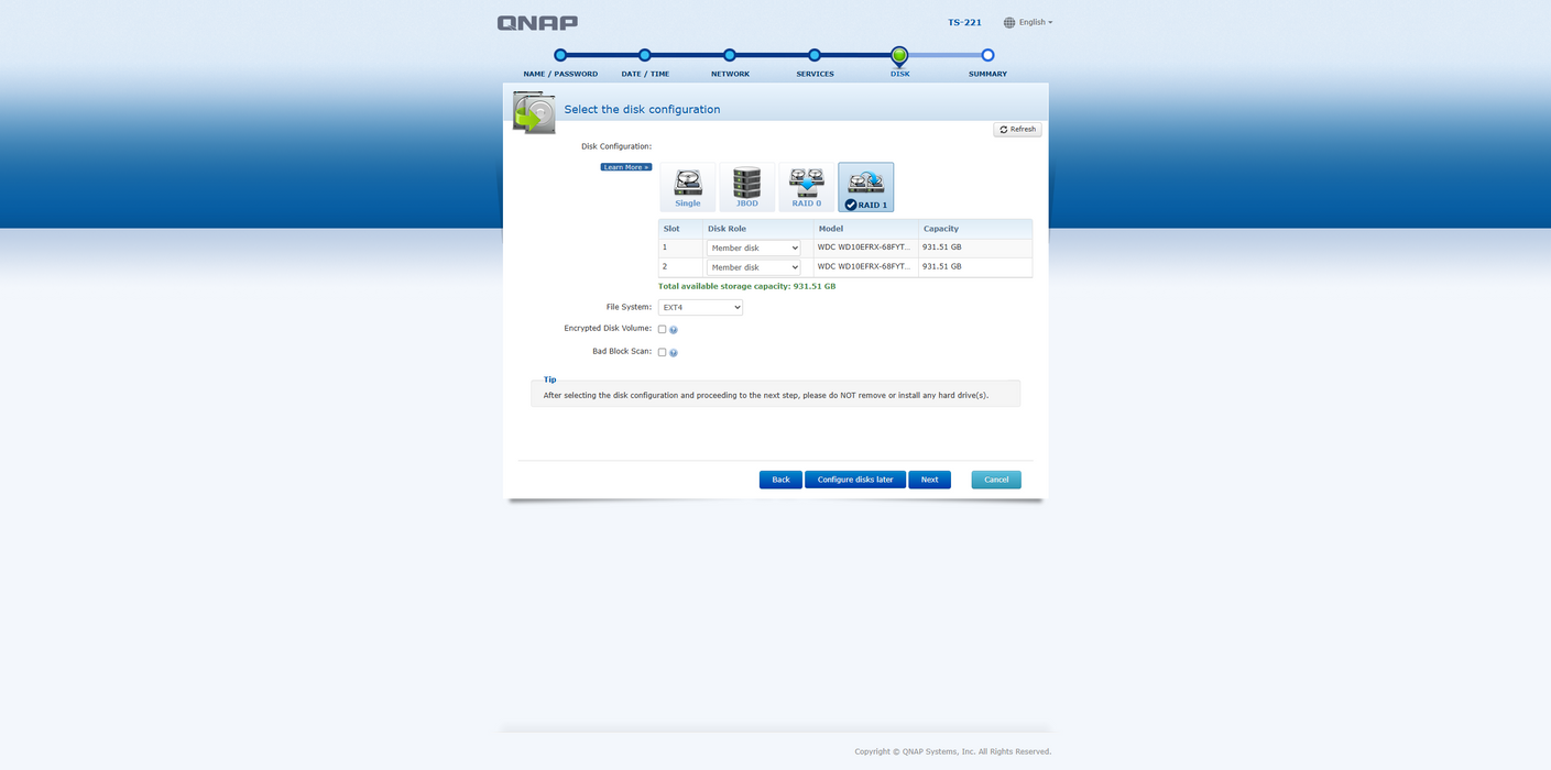 Qnap TS-221 Network Attached Storage Drive w/ 2x1TB HDDs, No Power Adapter