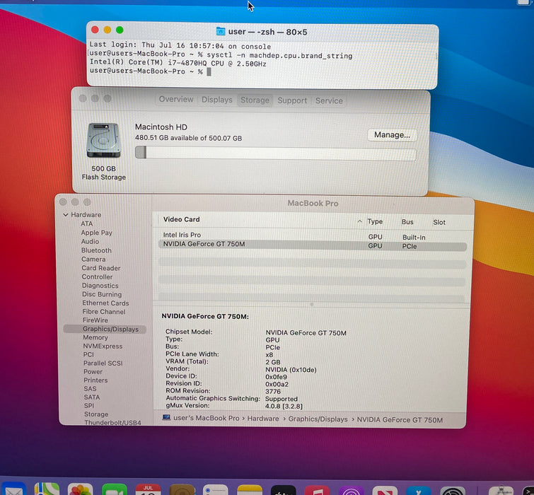Apple MacBook Pro Retina 15 Mid 2014 i7-4870HQ GT 750M 2GB GPU 16GB RAM 512SSD