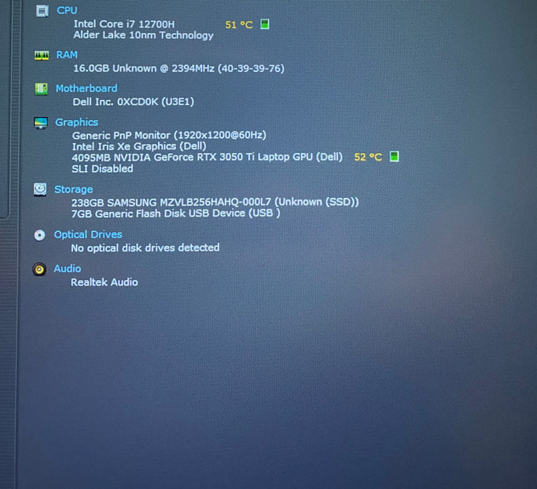 Dell Vostro 7620 Intel Core i7-12700H RTX 3050Ti 4GB GPU 16GB RAM 256GB SSD