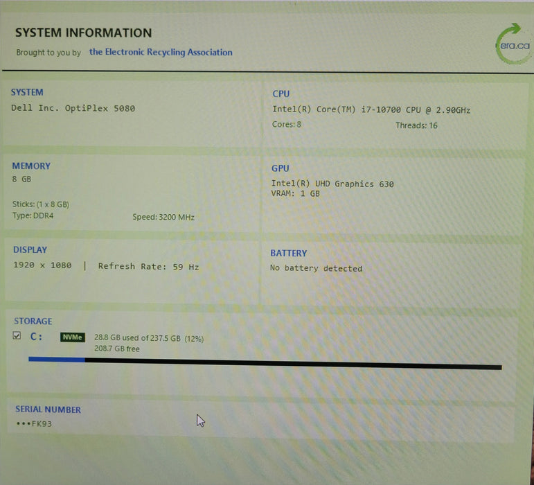 Dell OptiPlex USFF 5080, Core i7-10700T 2.90GHz 8GB DDR4, 256GB NVME