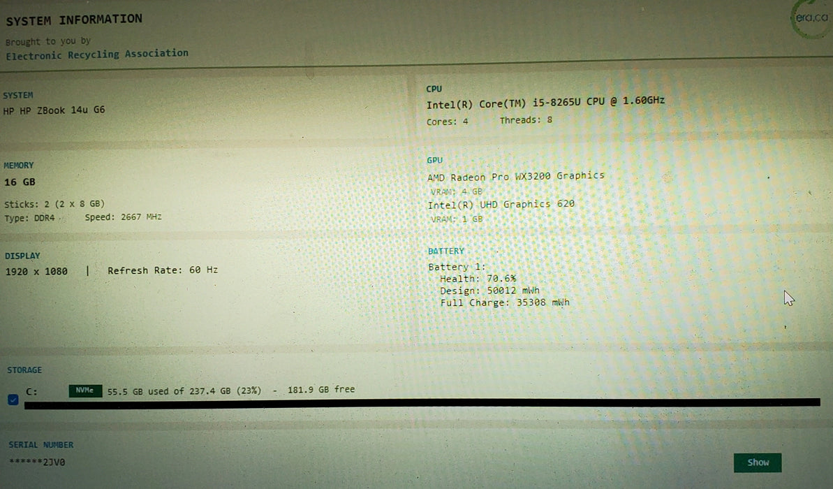 HP ZBook 14u G6 i5-8265U 16GB RAM 256GB SSD WX3200 4GB GPU READ