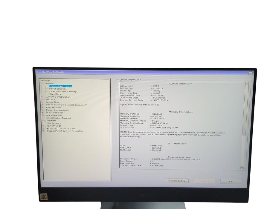 Dell Optiplex 7480 AIO i5 - 10500 @ 3.10GHz 8GB DDR4 Ram No HDD