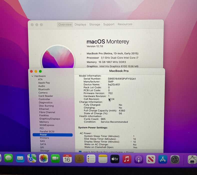 Apple MacBook Pro 13 Early 2015 i7-5557U 16GB 256SSD Battery Service Recommended