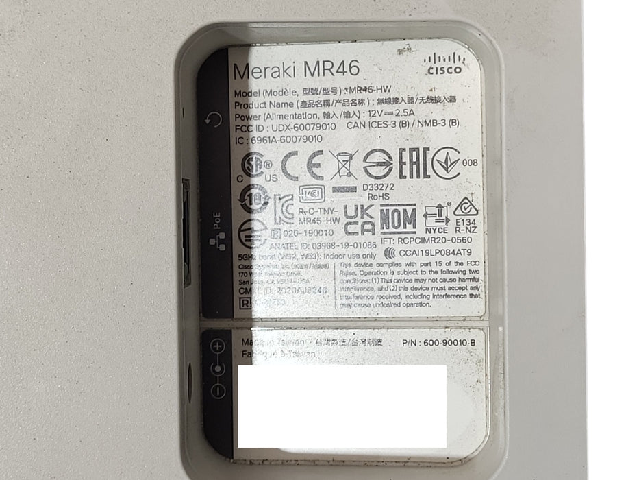 Cisco Meraki MR46 (MR46-HW) Wi-Fi 6 Cloud-Managed Access Point, Unclaimed
