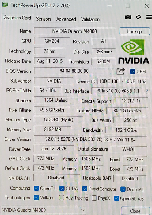NVIDIA Quadro M4000 8GB GDDR5 Graphics Card - 4xDP