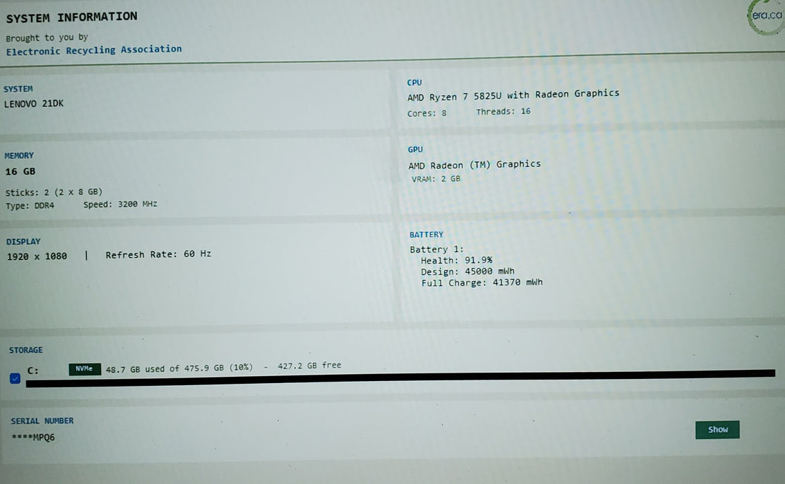 Lenovo ThinkBook 14 G4 ABA Ryzen 7 5825U 16GB RAM 256GB NVMe SSD