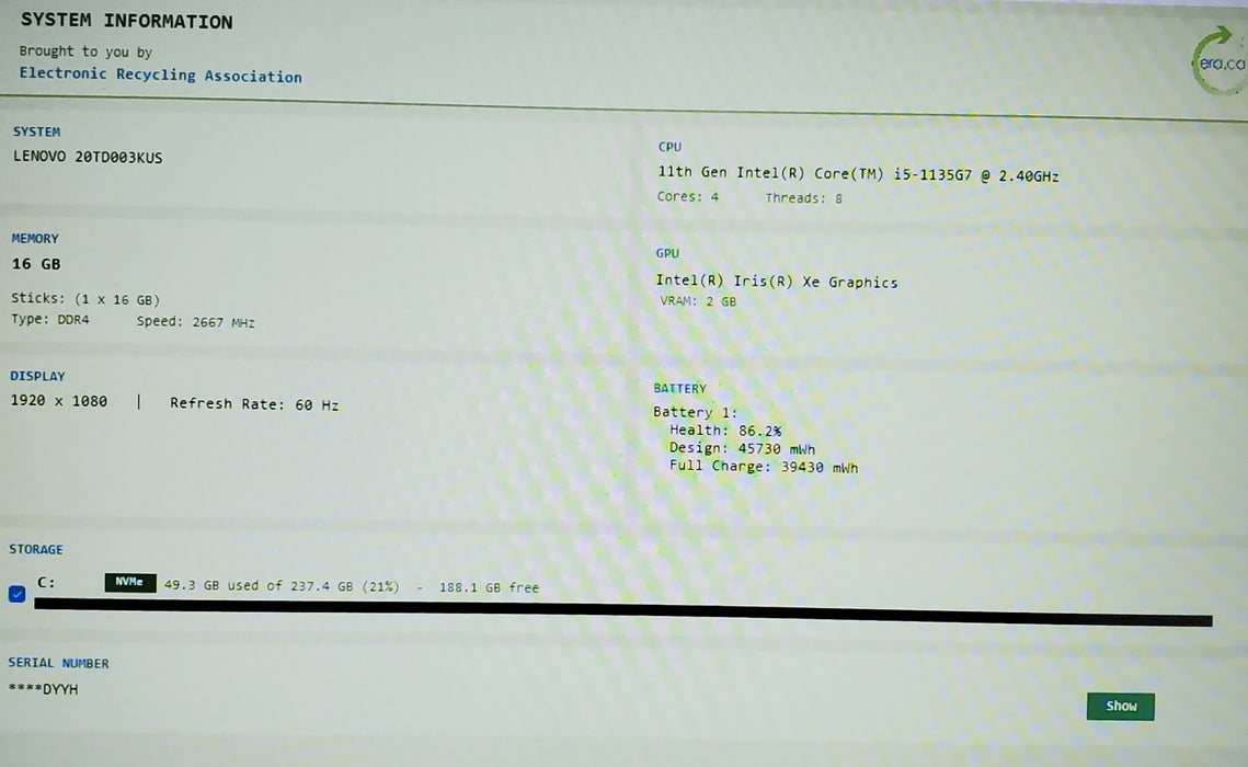 Lenovo ThinkPad E15 GEN 2 Core i5-1135G7@2.4GHz 16GB RAM 256GB SSD