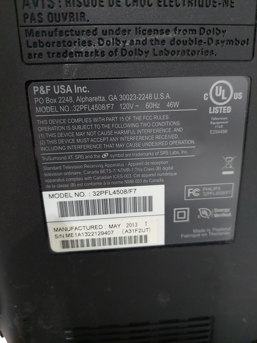 Phillips 32" LED TV 2013 Model: 32PFL4508/F7