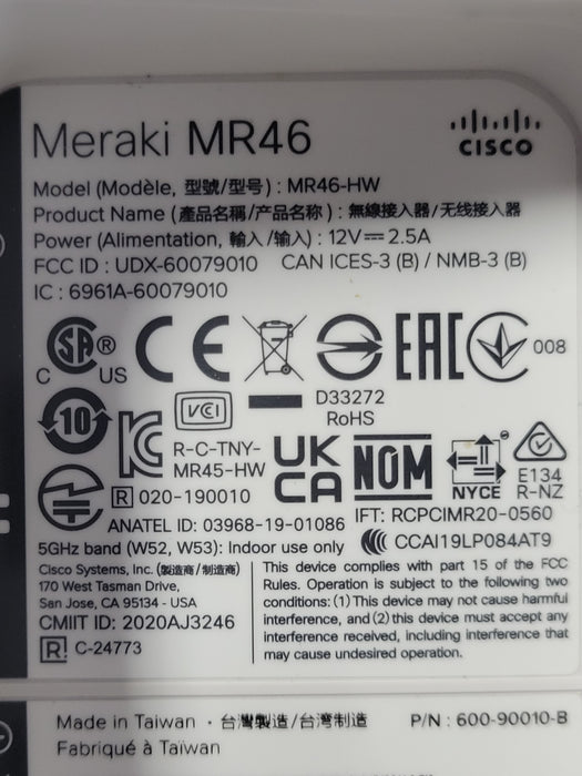 Cisco Meraki MR46 (MR46-HW) Wi-Fi 6 Cloud-Managed Access Point | Unclaimed