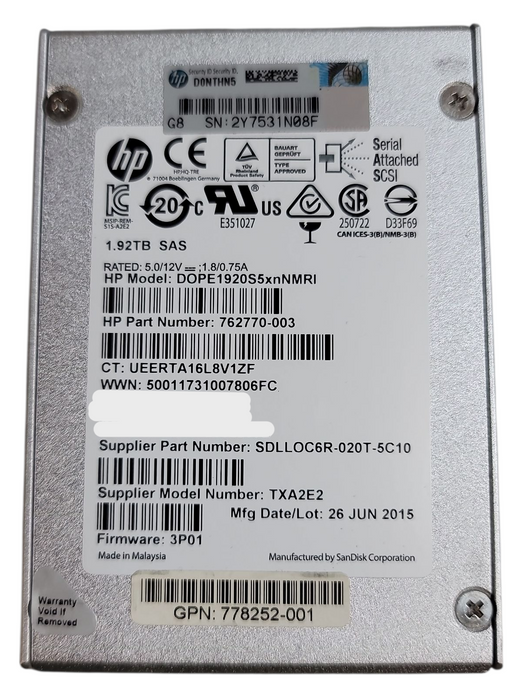 1.92TB SAS 2.5 15mm HP SanDisk  SSD - DOPE1920S5xnNMRI / 778252-001 762770-003