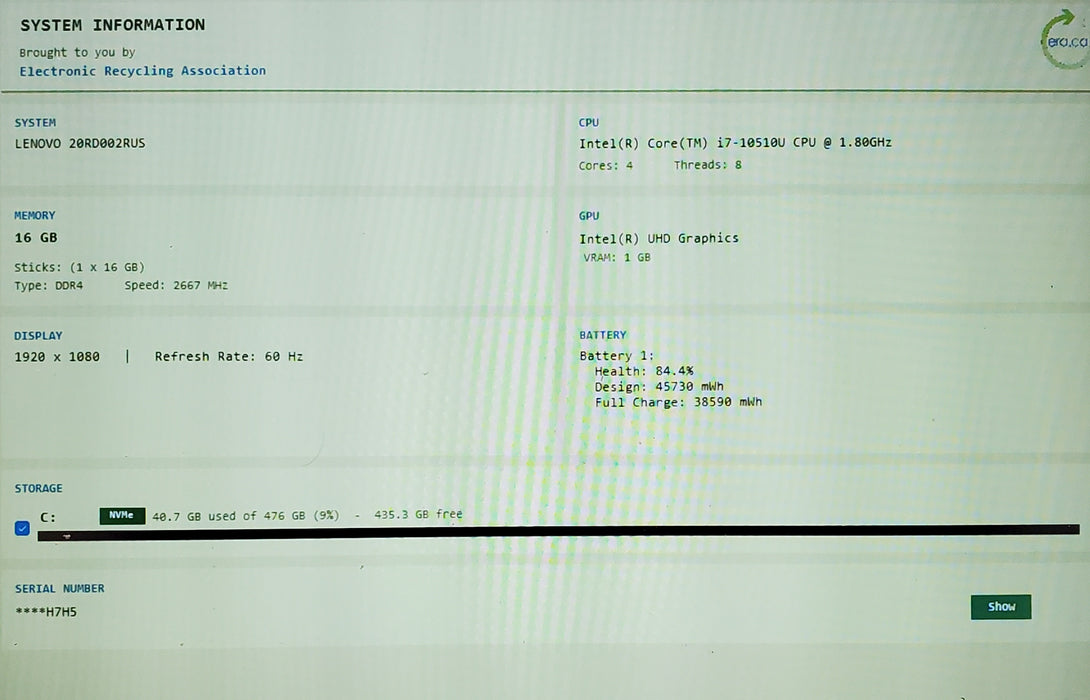 LENOVO THINKPAD E15 GEN 1 15.6" i7-10510U @1.80 16GB RAM 512GB SSD READ
