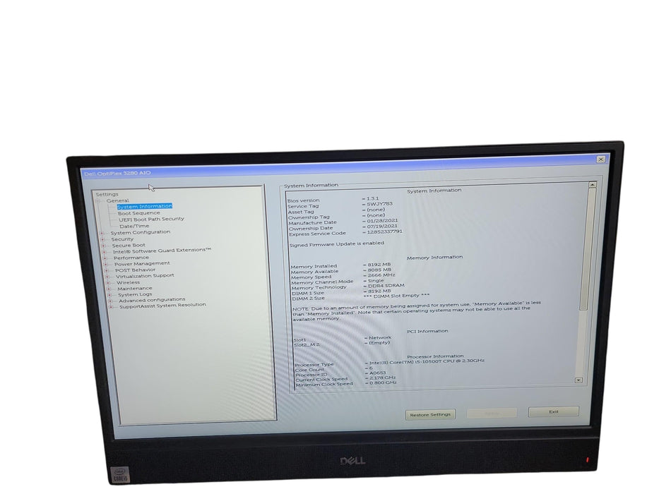 Dell Optiplex 3280 AIO i5 - 10500T @ 2.30GHz 8GB DDR4 Ram No HDD