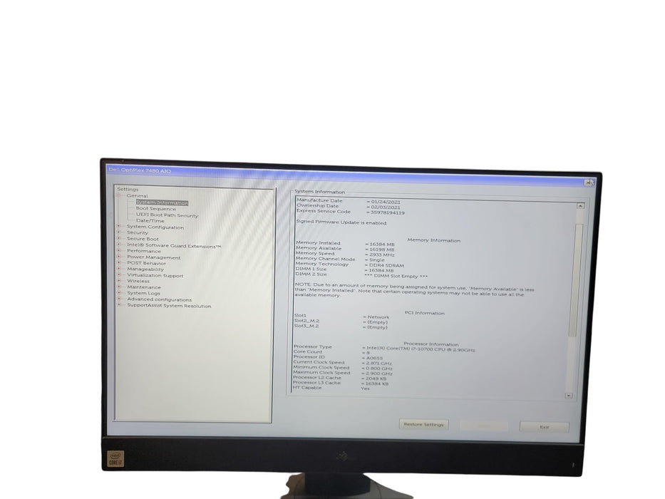 Dell Optiplex 7480 AIO i7 - 10700 @ 2.90GHz 16GB DDR4 Ram No HDD