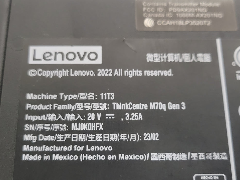 Lenovo ThinkCentre M70q Gen 3 Core I5-12400T 1.8GHz 16GB RAM 256GB NVME Wi-Fi