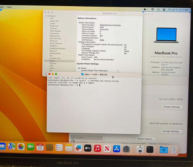 Apple MacBook Pro 13" 2017 i7-7660U 16GB RAM 512GB SSD No Power Adapter READ!