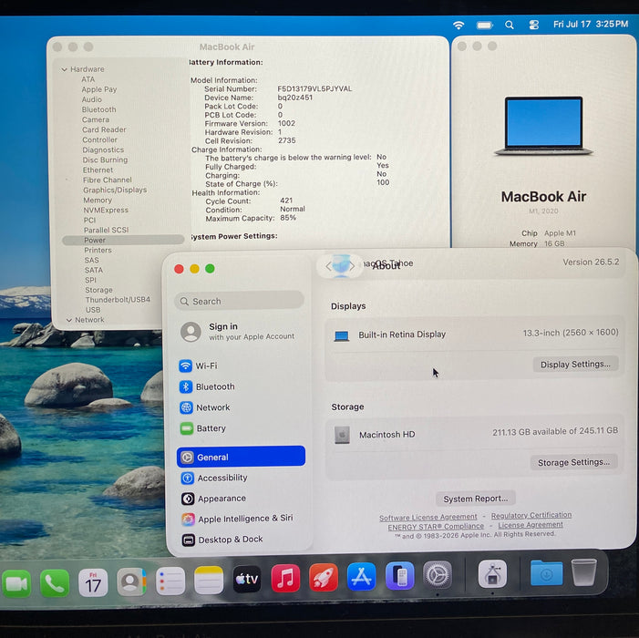Apple MacBook Air M1 2020 16GB RAM 256GB SSD No Power Adapter