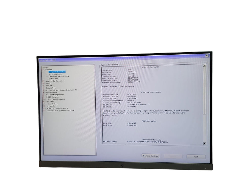 Dell Optiplex 3080 Micro i3 - 10105 @ 3.70GHz 8GB DDR4 Ram No HDD