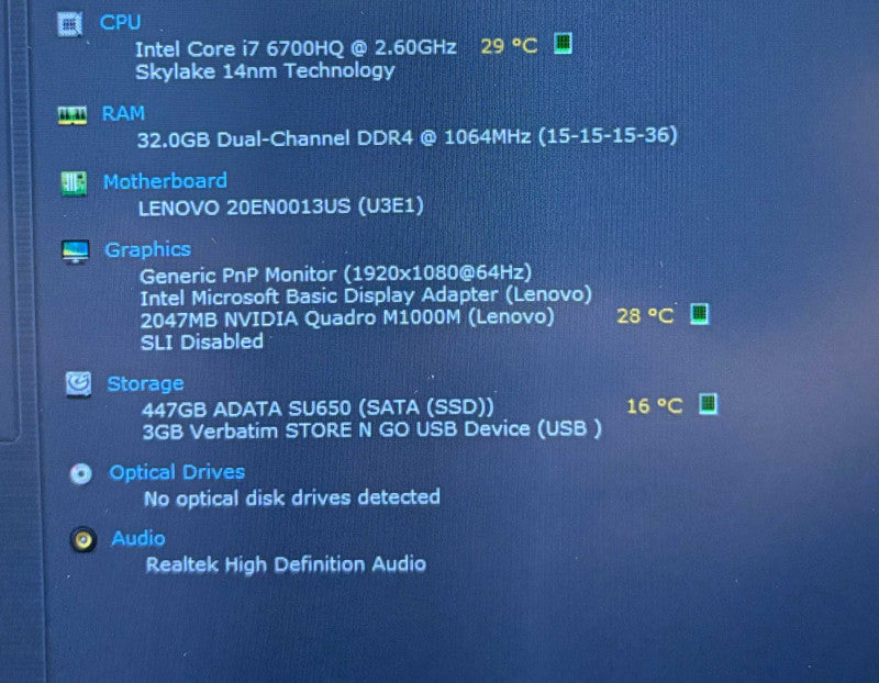Lenovo ThinkPad P50 i7-6700HQ@2.6GHz QUADRO M1000M 2GB GPU 32GB 480SSD READE  Lap200