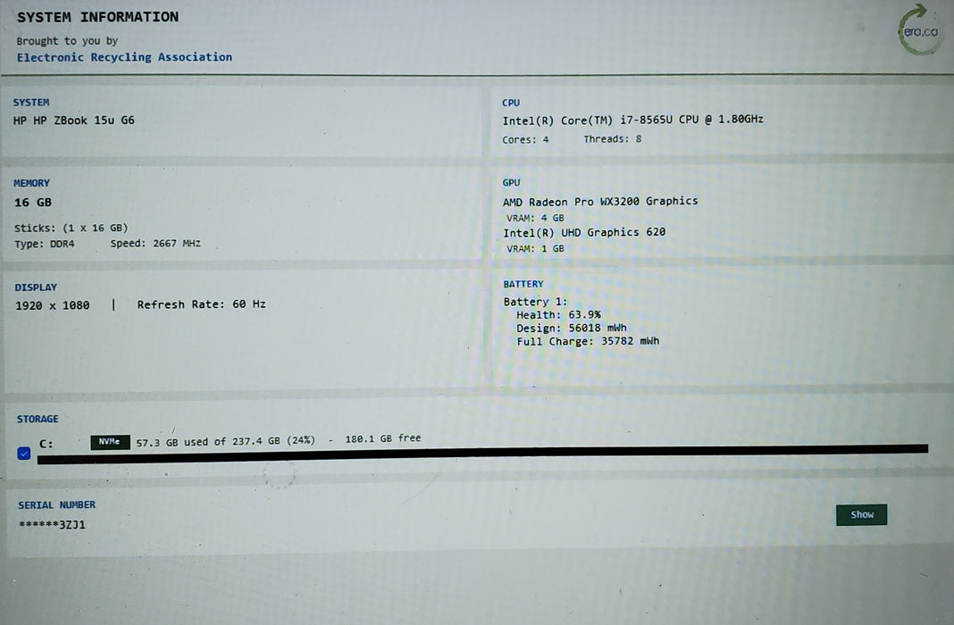 HP ZBook 15U G6 I7-8665U 16GB RAM 256GB SSD Nvme  Radeon Pro WX3200