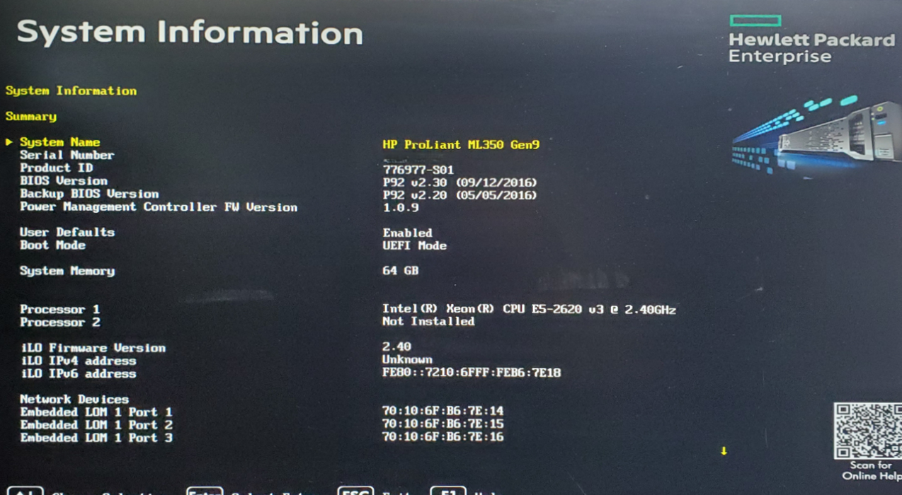 HP ProLiant ML350 Gen9 - 1x Xeon E5-2620 v3, 64GB DDR4, P440ar - No HDD