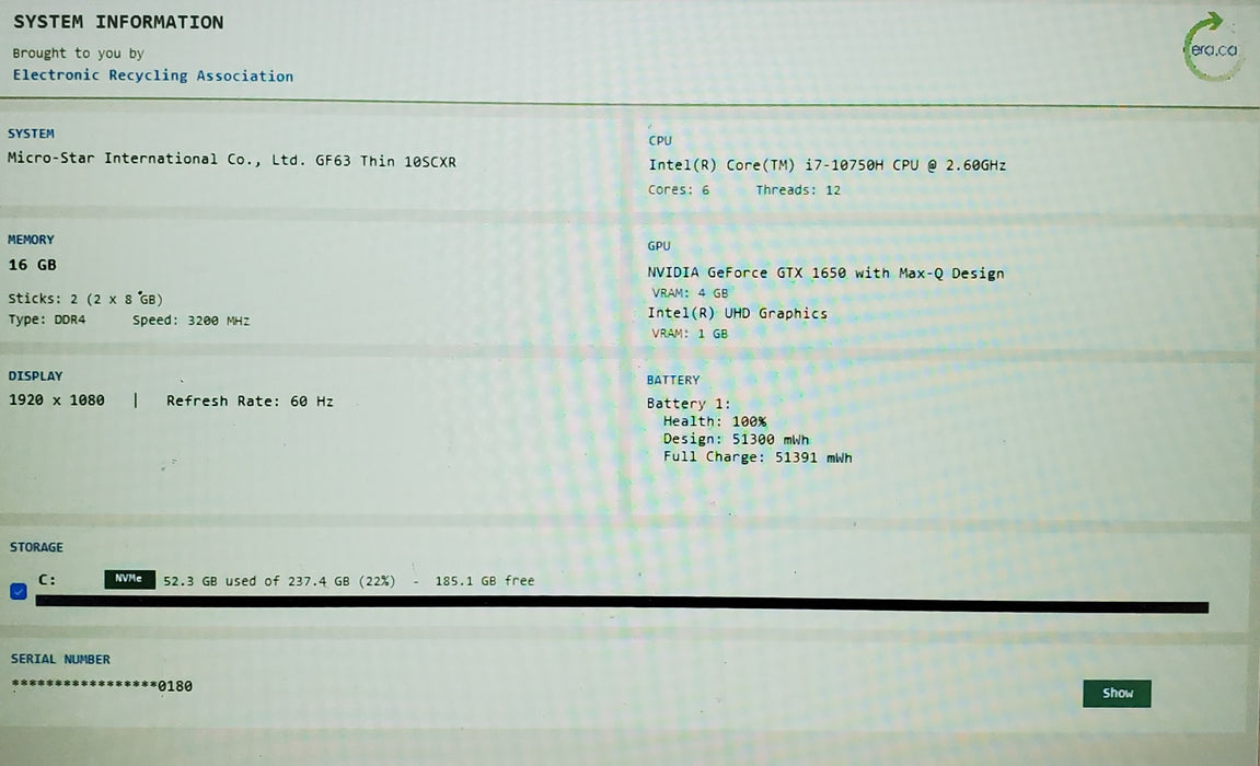 MSI GF63 Thin i7-10750H 16GB DDR4 GTX 1650 256GB NVMe