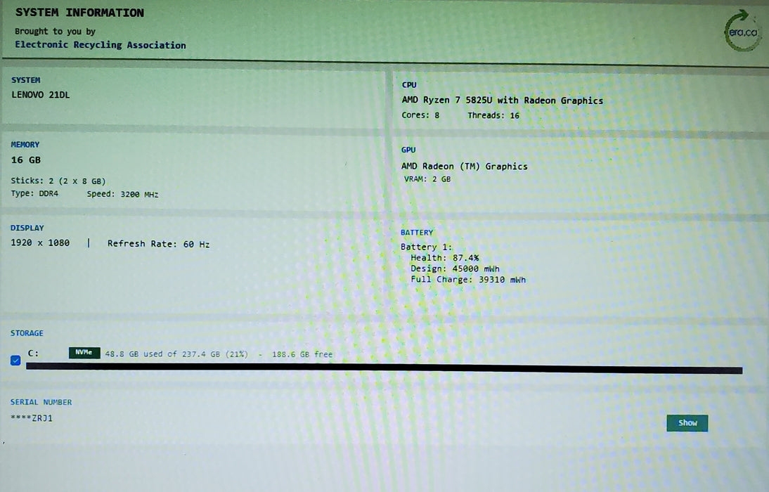 Lenovo ThinkBook 15 G4 ABA - Ryzen 7 5825U 16GB RAM 256GB SSD