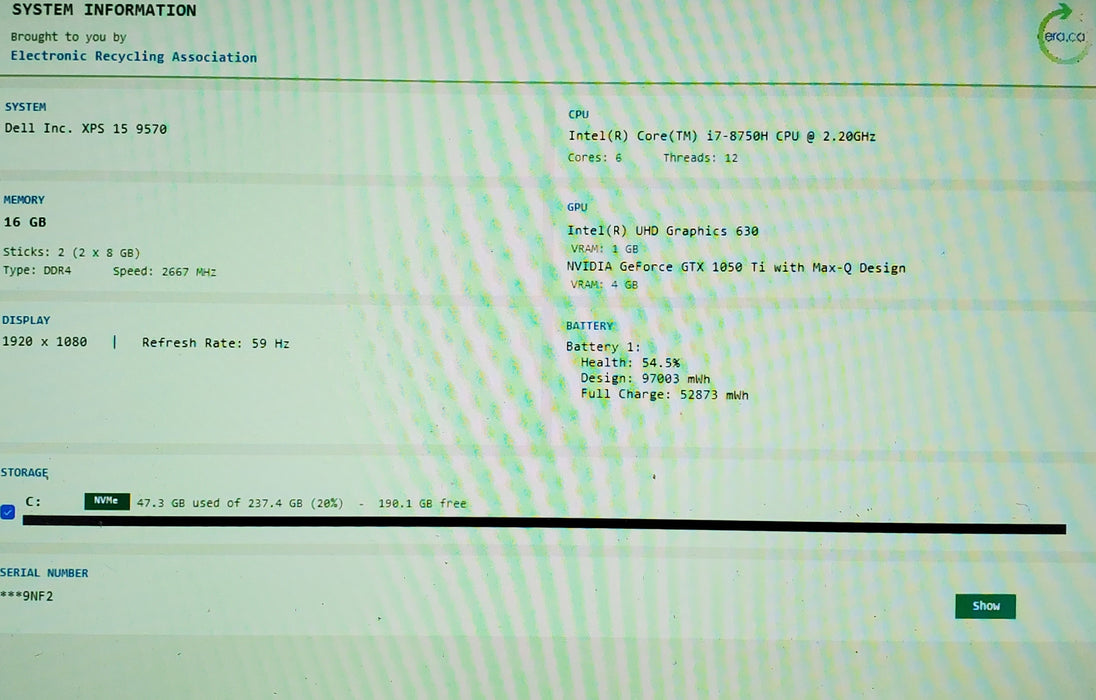 Dell XPS 15 9570 15" Core i7-8750H 2.2GHz 16GB RAM 256GB SSD GeForce GTX 1050 Ti