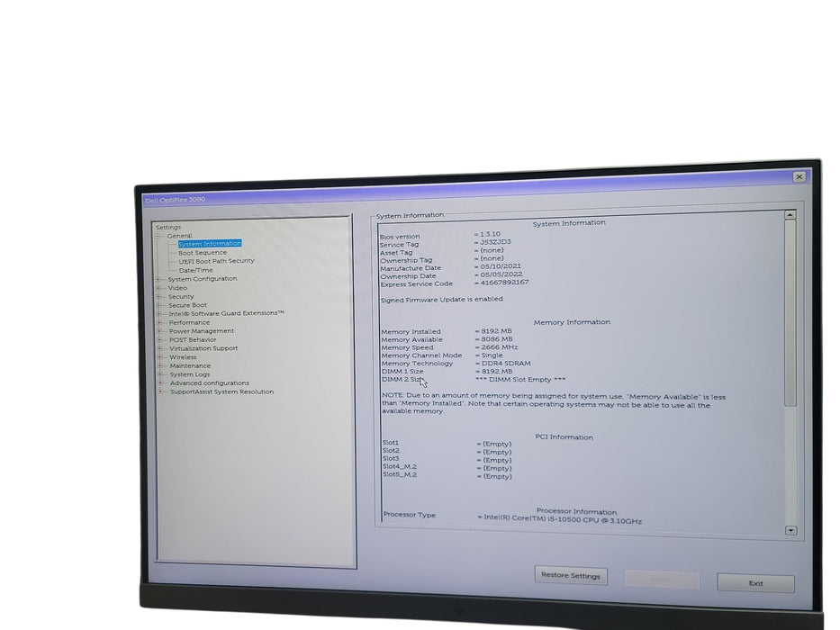 Dell Optiplex 3080 MT i5 -10500 @ 3.10GHz 8GB DDR4 Ram No HDD