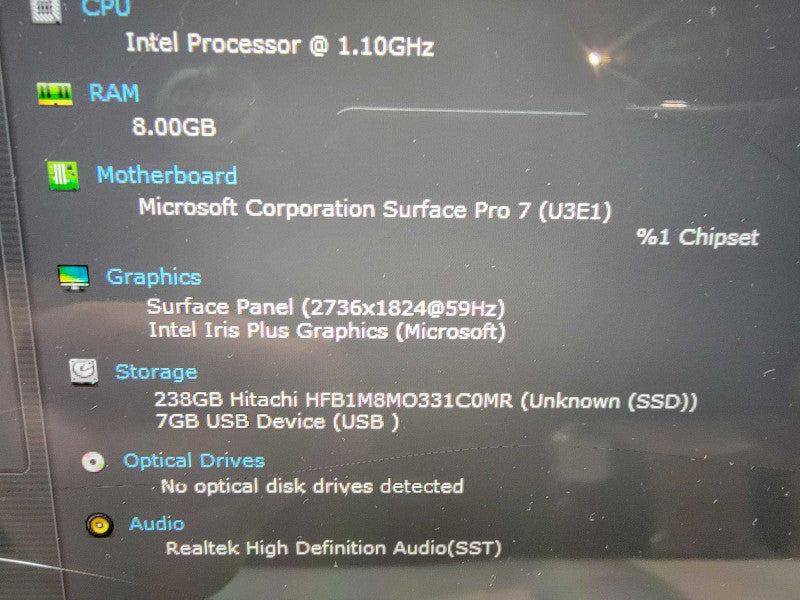 MS Surface Pro 7 1866 i5-1035G4 @ 1.1GHz 8GB RAM 256GB SSD READ