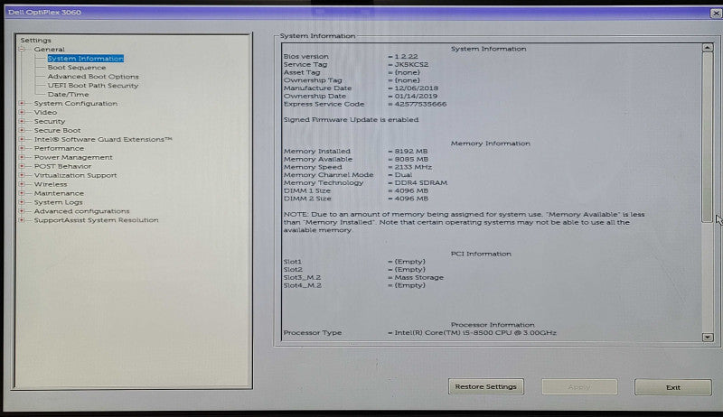 Dell OptiPlex 3060 SFF, i5-8500 3.0GHz 6Core, 8GB RAM, 256GB Nvme