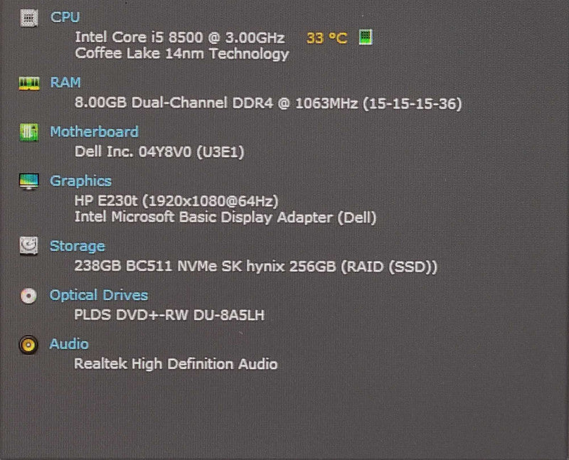 Dell OptiPlex 3060 SFF, i5-8500 3.0GHz 6Core, 8GB RAM, 256GB Nvme