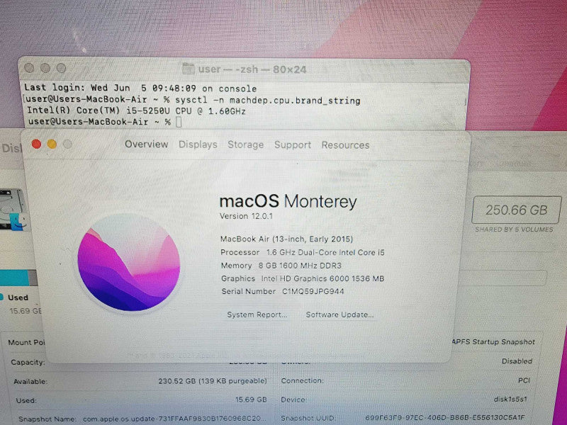 Apple Macbook Air 2015 13\\" 2-Core i5-5250U @ 1.6Ghz 8GB DDR3 250GB SSD (