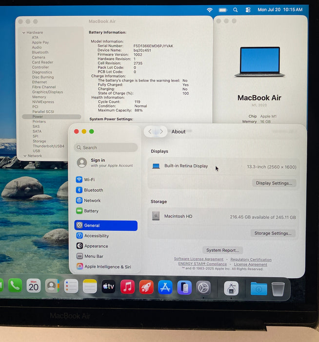 Apple MacBook Air 13" M1 2020 16GB RAM 256GB SSD No Power Adapter READ!