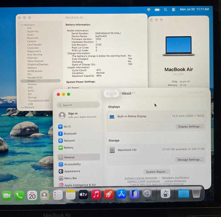 Apple MacBook Air 13" M1 2020 16GB RAM 256GB SSD No Power Adapter READ!