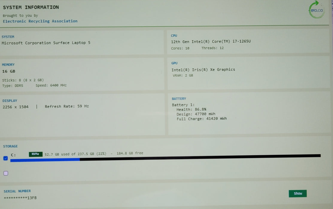 Microsoft Surface Laptop 5 1951 7-1265U 16GB DDR5 256GB NVMe READ