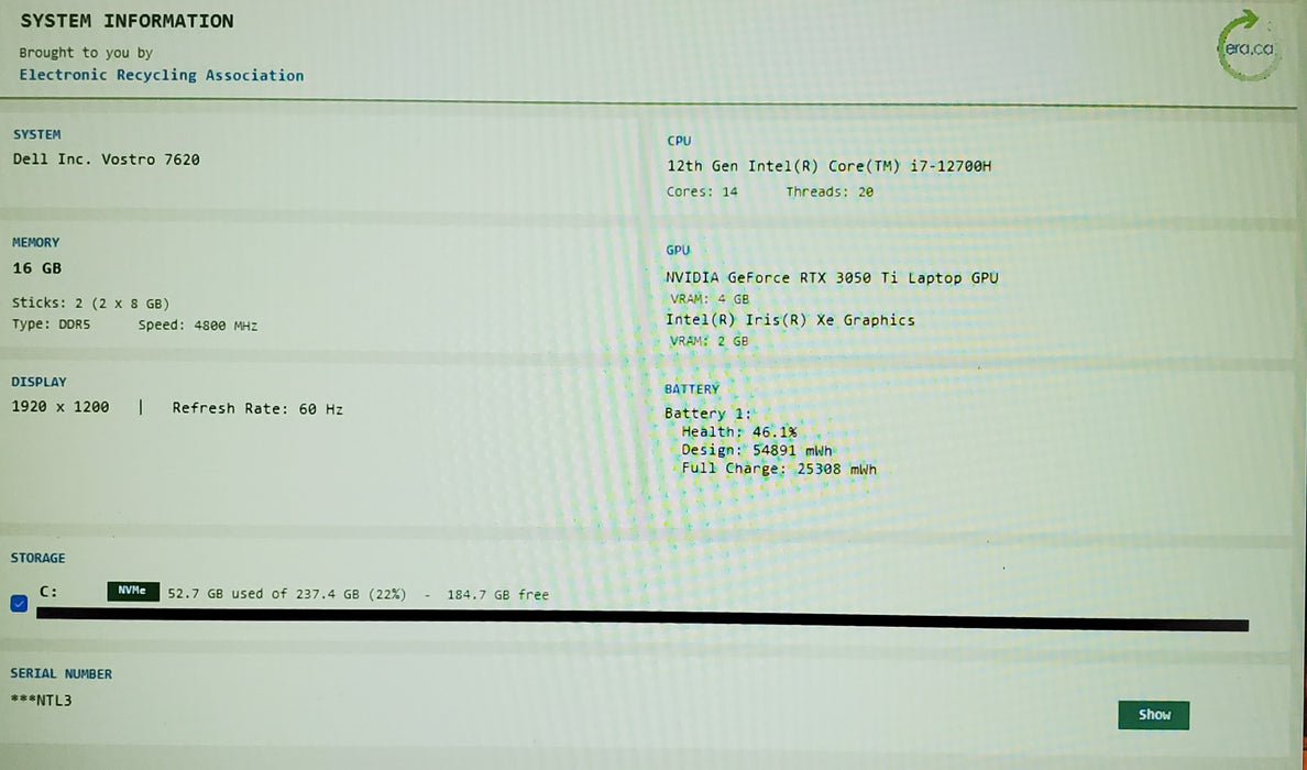 Dell Vostro 7620 Intel Core i7-12700H RTX 3050Ti 4GB GPU 16GB RAM 256GB SSD READ