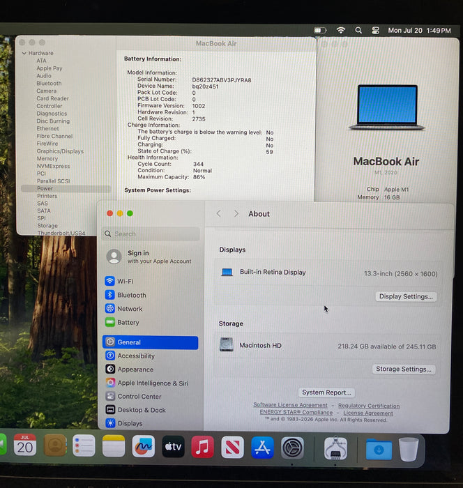 Apple MacBook Air 13" M1 2020 16GB RAM 256GB SSD No Power Adapter READ