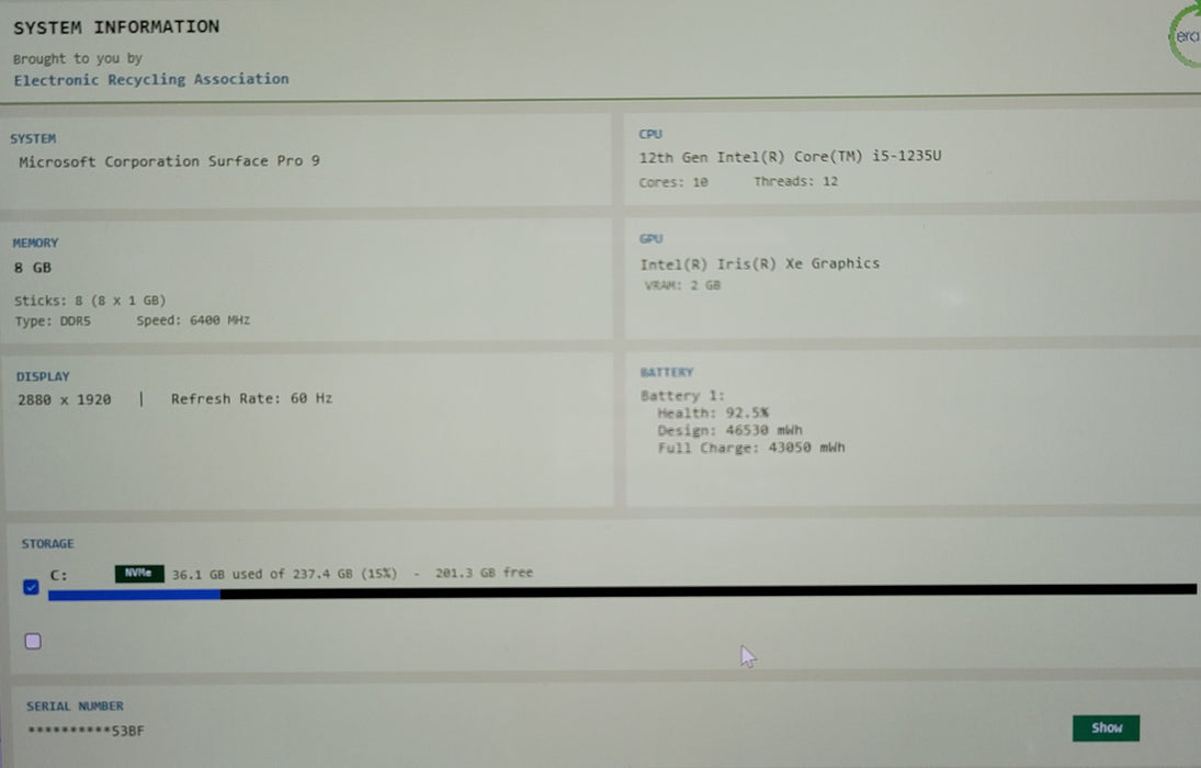 Microsoft Surface Pro 9 2038 i5-1235U 8GB DDR5 256GB NVMe READ