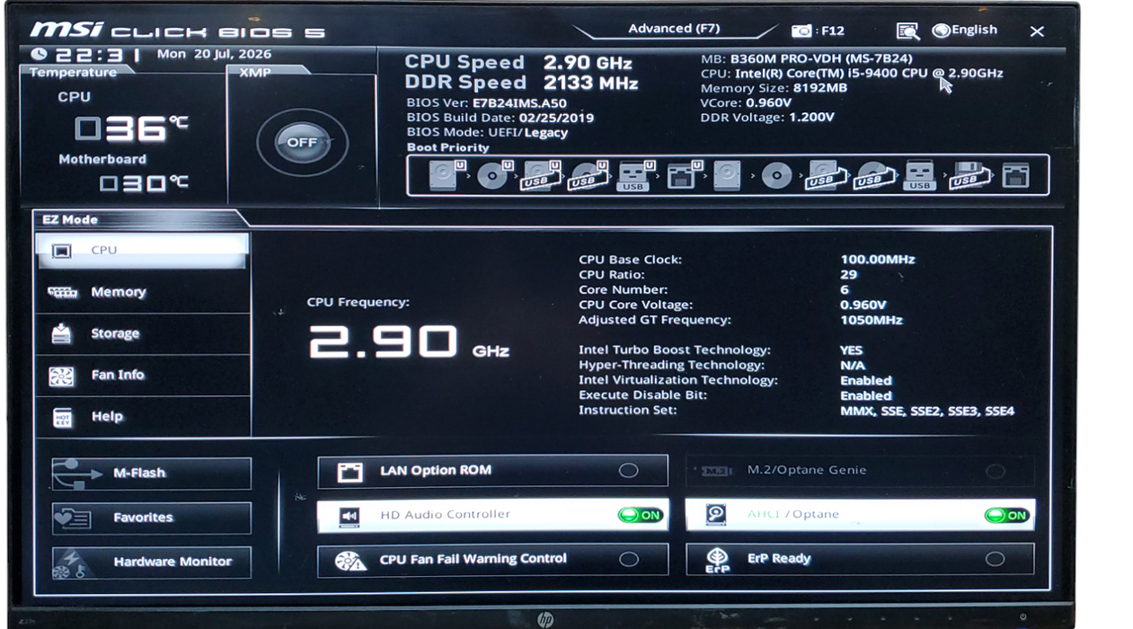 Custom PC MSI MS-7B24 Intel i5-9400 @ 2.9 GHz 8GB RAM NO-HDD/SSD