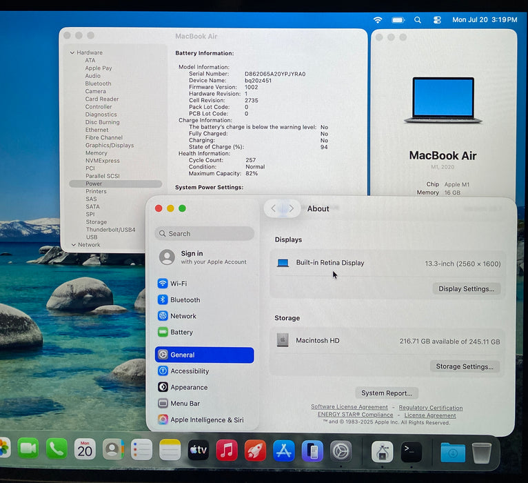 Apple MacBook Air 13" M1 2020 16GB RAM 256GB SSD No Power Adapter READ