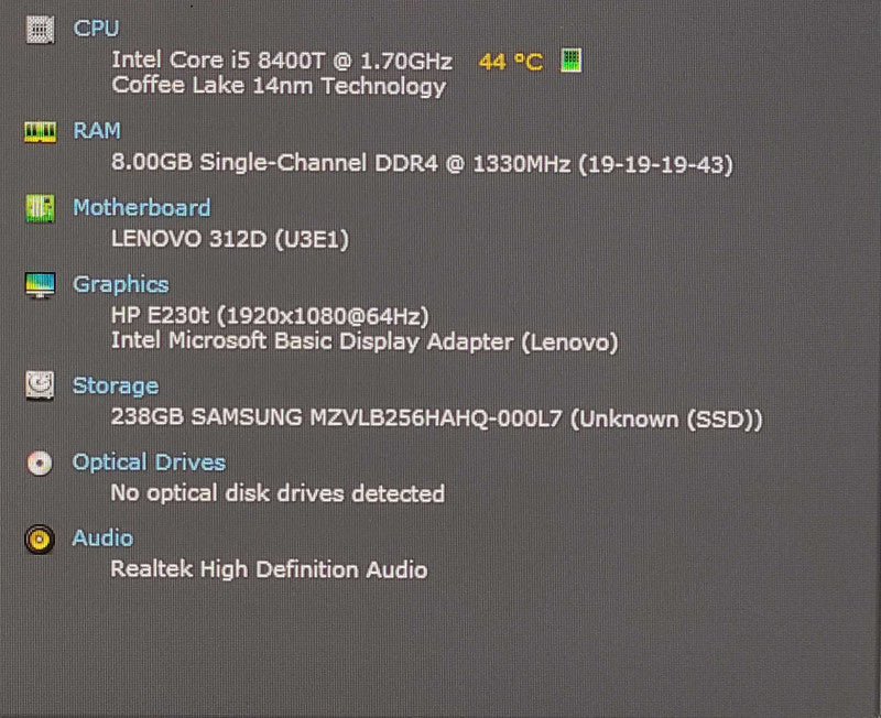 Lenovo ThinkCentre M720q, i5-8400T 1.70GHz 6Core, 8GB DDR4, 256NVMe, WiFi