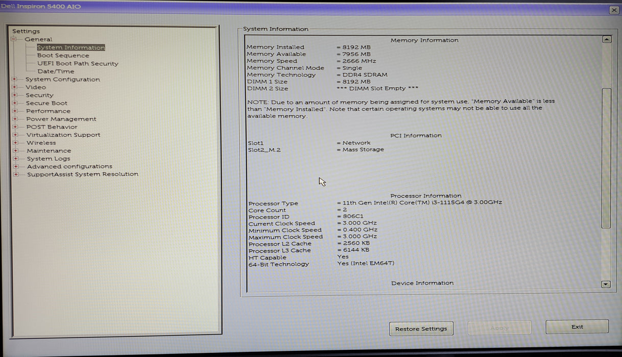 Dell Inspiron 5400 AIO 24" | Intel Core i3-1115G4 @3.00GHz, 8GB DDR4, 256GB NVMe