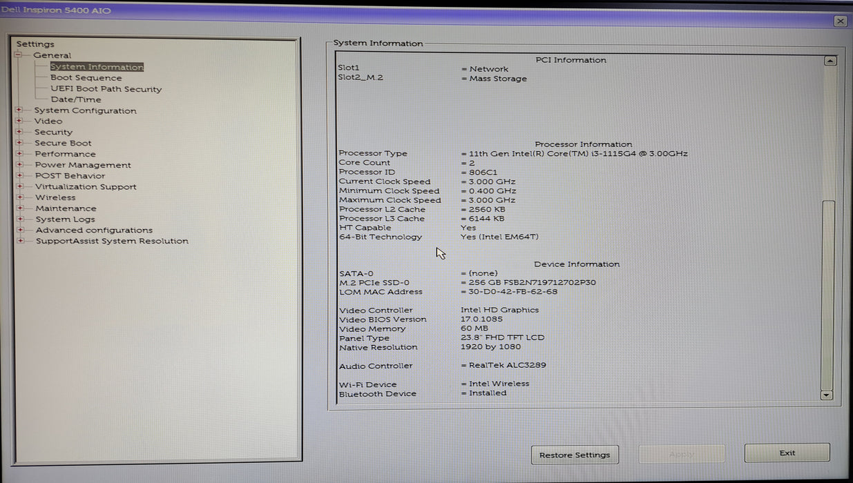 Dell Inspiron 5400 AIO 24" | Intel Core i3-1115G4 @3.00GHz, 8GB DDR4, 256GB NVMe