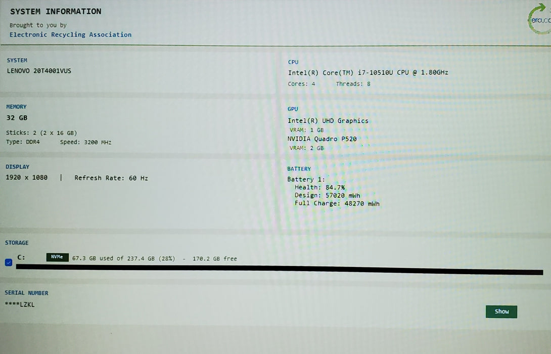 Lenovo ThinkPad P15s Gen 1 i7-10510U Quadro P520 32GB DDR4 256GB NVMe