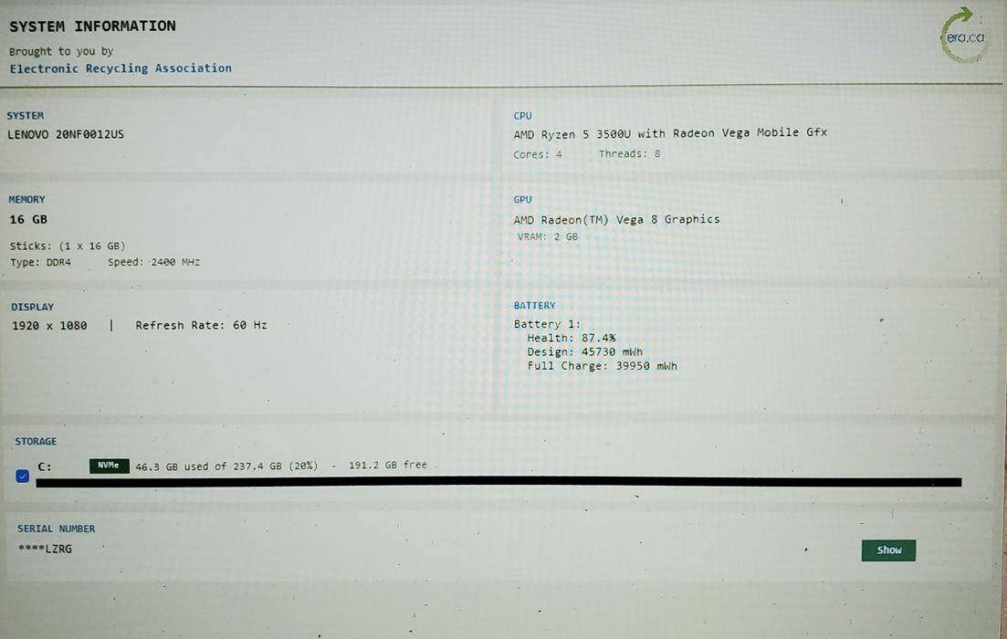 Lenovo ThinkPad E595 AMD Ryzen 5 3500U 16GB RAM 256GB SSD READ
