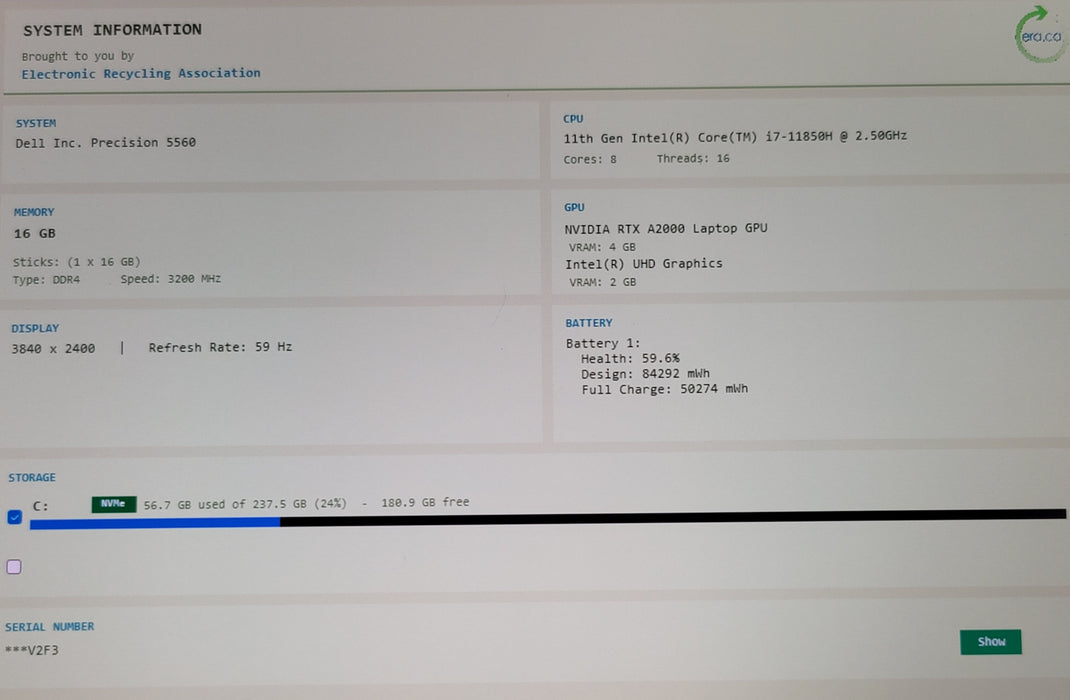 Dell Precision 5560 i7-11850H 16GB DDR4 RTX A2000 256GB NVMe 4K Touch No AC