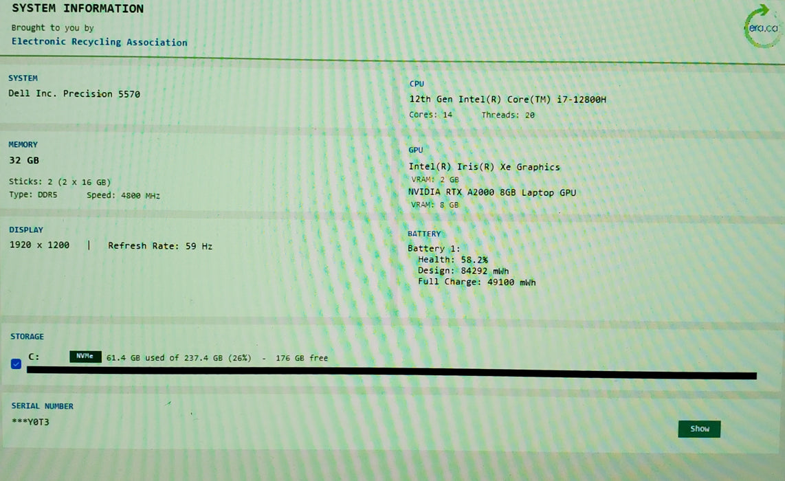 Dell Precision 5570 i7-12800H RTX A2000 8GB GPU 32GB RAM 256SSD
