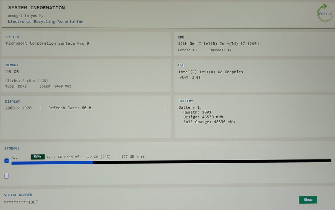 Microsoft Surface Pro 9 2038 i7-1265U 16GB DDR5 256GB NVMe READ