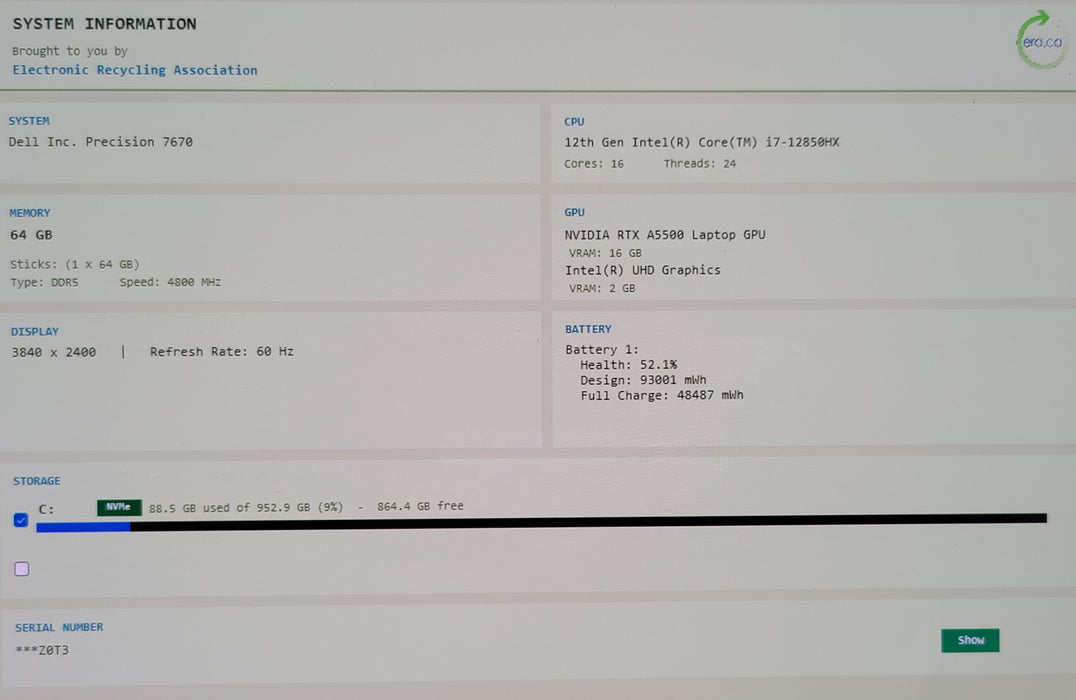 Dell Precision 7670 i7-12850HX 64GB DDR5 16GB RTX A5500 1TB NVMe 4K Touch READ