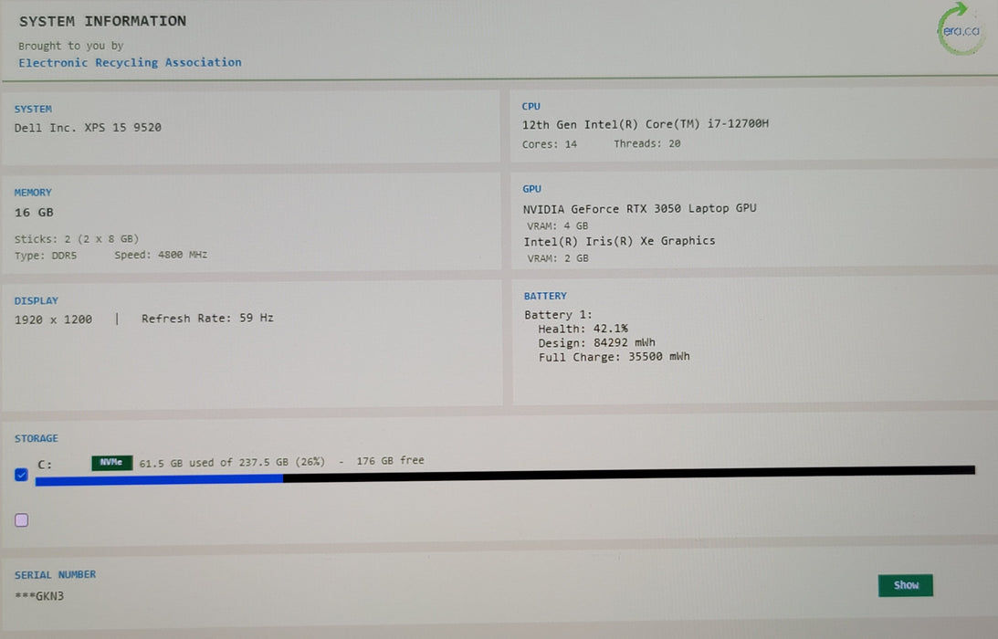 Dell XPS 15 9520 i7-12700H 16GB DDR5 RTX 3050 56GB NVMe No AC